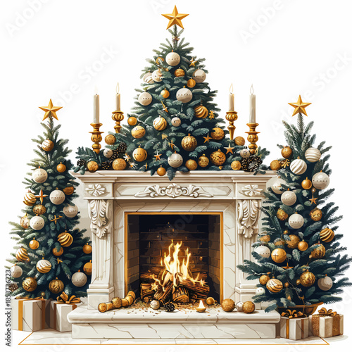 Christmas Fireplace Vector Illustration with Decorated Trees and Festive Lights