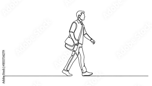 Man Walking with Backpack on White Background, Line Art Illustration