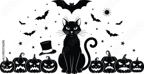 Spooky Halloween black cat illustration, silhouette gothic vector art, pumpkins bats and stars night scene, dark fantasy cartoon design for seasonal decorations