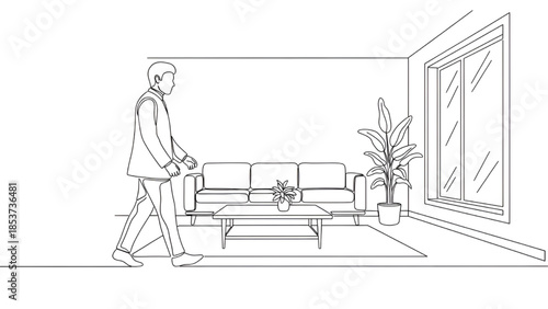Man Walking in Modern Living Room with Sofa and Potted Plant