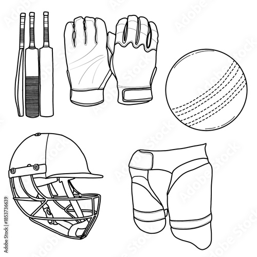Cricket equipment illustration including bats, gloves, ball, helmet, and pads. Vector illustration. Line drawing sketch, isolated on a white background. 