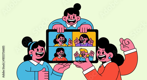 Cartoon People Video Calling on Tablet.