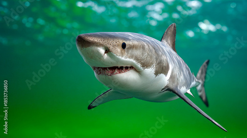 Shark swimming in ocean waters. A shark swims through clear ocean waters, moving swiftly with its fins. It explores the underwater environment.