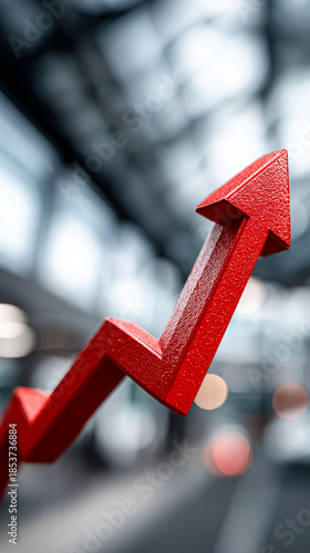 Business: Red arrow up. A red arrow moves upward in a busy office. The background shows blurred lights and a workspace.
