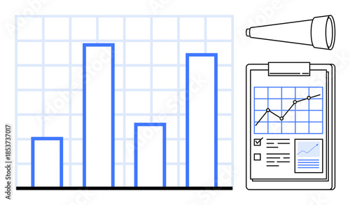 Financial analysis, market research, strategic planning, data visualization, business growth, forecasting. Bar graph, telescope and clipboard with charts. Financial analysis and market research