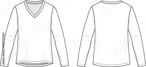 Long sleeve V-neck shirt, technical fashion flat sketch, front and back view, apparel outline vector illustration, isolated on white background