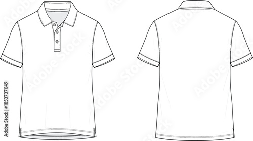 Polo shirt technical fashion flat sketch, short sleeve collar t shirt, front and back view, apparel outline vector illustration