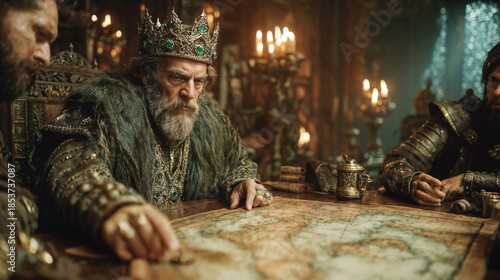 Medieval king with ornate crown and long beard studying ancient map in candlelit throne room surrounded by advisors and royal treasures