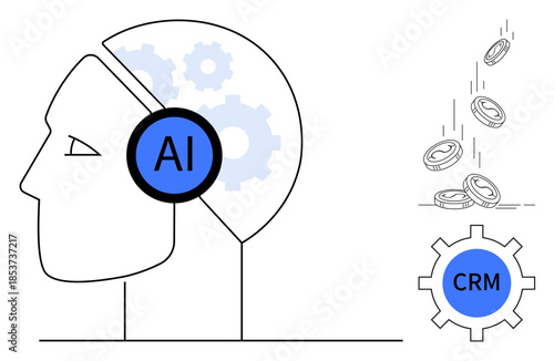 Business optimization, automation, artificial intelligence, CRM systems, tech solutions, financial growth. Profile head with AI next to coins and CRM gear. Business optimization and automation