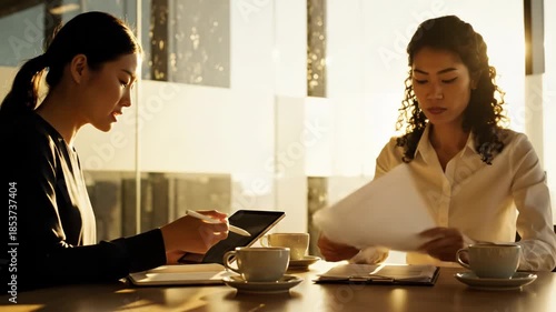 Two women sitting at a desk with papers and cups of coffee discussing