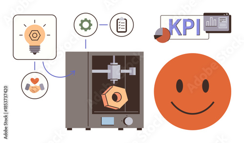 3D printer crafting an object, icons for teamwork, innovation, and performance metrics. Ideal for technology, manufacturing, creativity, innovation productivity business strategy teamwork. Clear