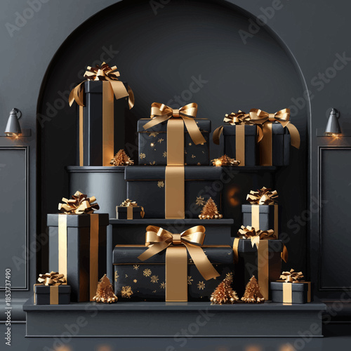 Vector Christmas Gift Boxes Decorated With Gold Stars and Ribbons