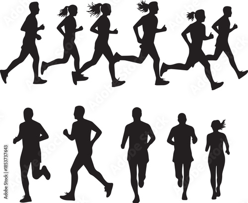 Running People Silhouettes Set, Men and Women Jogging Group
