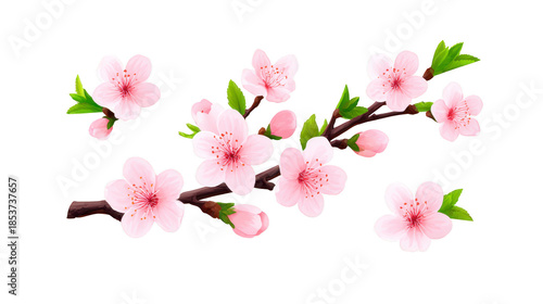 Cherry blossom branch with delicate pink flowers and green leaves, symbolizing spring and renewal, isolated on transparent background, creating peaceful and elegant mood