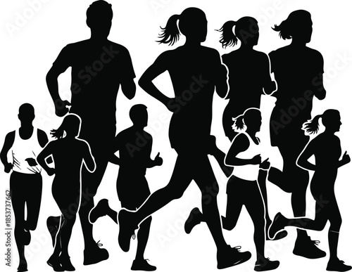 Group of People Running Silhouettes, Diverse Runners Jogging Marathon and Fitness Training Vector Illustration