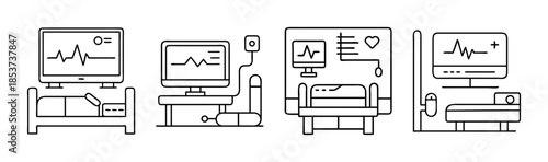 Patient monitoring and critical care equipment in a hospital room set line icons