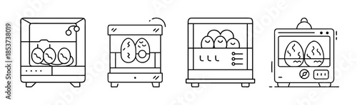 Collection of modern egg incubators for efficient hatching process line art icon set