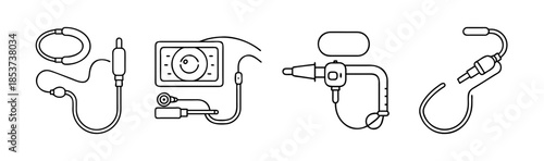 Line art illustration of various hearing aid components and auditory assistance devices
