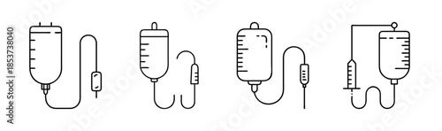 Collection of intravenous drip bag line icons for medical infusion and hospital treatment