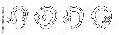 Outline illustrations of various ear devices including hearing aids and communication headsets