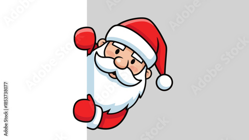 Festive Santa Claus peeking around a white corner, ready for Christmas celebrations