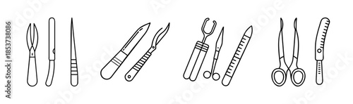 A collection of outline icons depicting various surgical instruments and medical tools