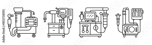 Line art illustration of various complex medical machines and hospital equipment for patient care