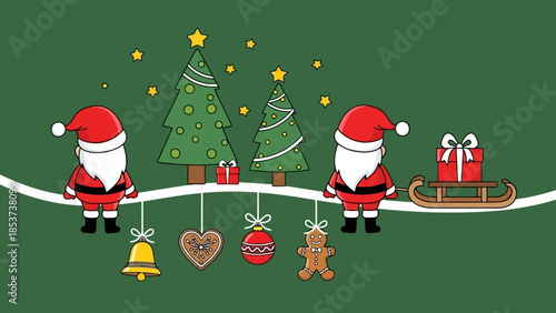 Festive Christmas Scene with Santa Claus, Christmas Trees, Gifts, and Ornaments on Green Background