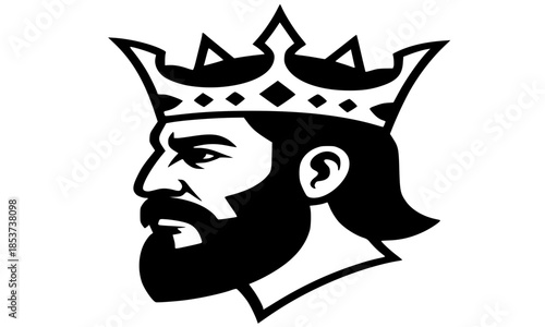 King head with crown mascot silhouette, bearded royal man profile vector illustration, monarch leader or emperor portrait logo, medieval kingdom ruler graphic for sports and gaming