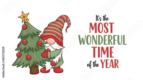 Whimsical Christmas Gnome Holding Decorated Tree with Festive Holiday Greeting Text