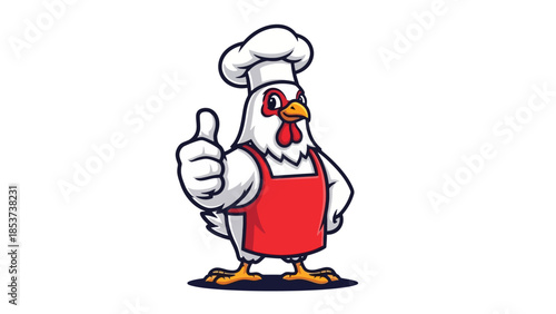 Cute cartoon chicken chef giving a thumbs up with a red apron and chef hat, perfect for culinary or restaurant branding