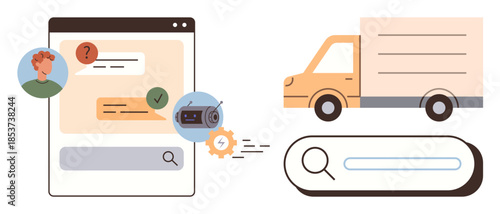 Chat interface with person query, delivery truck, and search bar. Ideal for customer service, logistics, shipping, technology, communication, e-commerce business efficiency simple flat metaphor