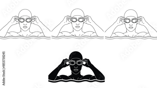Three swimmers adjusting goggles above waterline, one silhouette below waterline, black and line art illustration