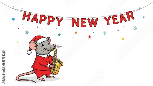 Happy New Year festive greeting with a cheerful cartoon rat playing saxophone and colorful confetti and stars on white background