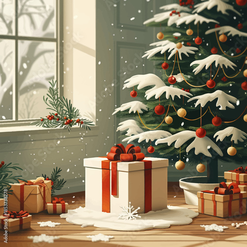 Festive Christmas Tree with Presents and Snowfall - Vector Illustration