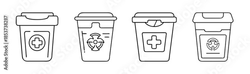 Collection of outline icons for medical, biohazard, and recycling waste containers