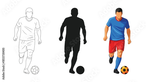 Set of three soccer player illustrations outline drawing, black silhouette and full color graphic dribbling a football