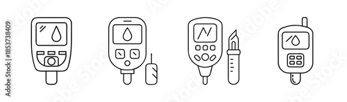 A collection of blood glucose meter icons illustrating various devices for diabetes monitoring