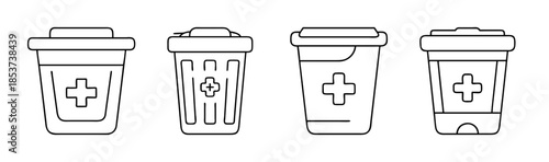 Outline icons of medical waste disposal bins, showcasing different container designs