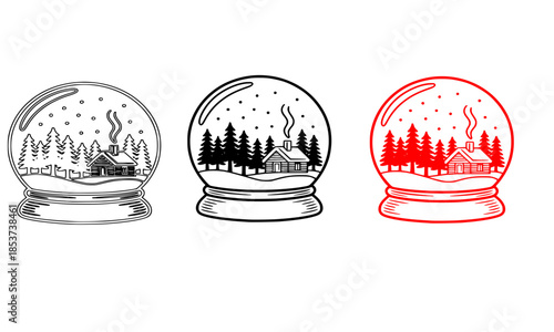 Snow globe icon set with winter cabin and pine trees, Christmas glass ball vector illustration, cozy mountain hut landscape in snowglobe, holiday line art silhouettes in black and red