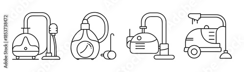 Modern steam cleaner and household vacuum appliance collection in line art style for cleaning tasks