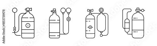 Scuba diving tank and oxygen cylinder equipment line icons set on white background