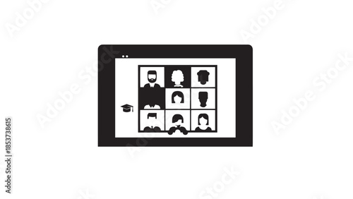 Tablet displaying a team video conference with a grid of participants on screen and various avatars during a remote meeting.