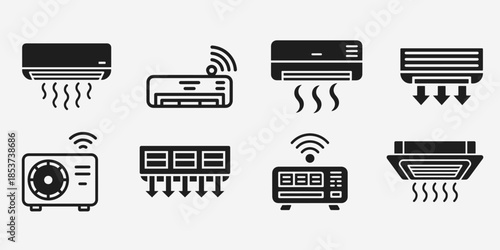 Collection of air conditioning unit icons depicting various types and functions
