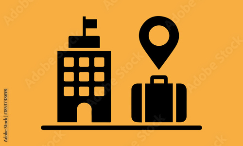 Minimalist icon representing hotel accommodation, travel luggage, and destination location pin