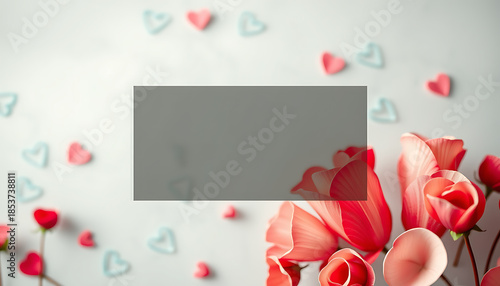 Pink and red tulip flowers with scattered heart shapes on a soft light background featuring centered copy space mockup for romantic valentine design.