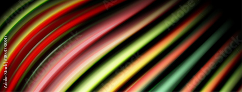 Abstract colorful lines create dynamic diagonal pattern. Bright hues contrast against dark background. Modern design element.