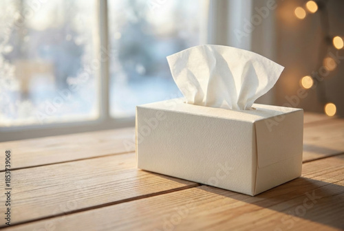 Wallpaper Mural White tissue box on wood table with a window and winter scene background for cold and flu relief concept. Torontodigital.ca