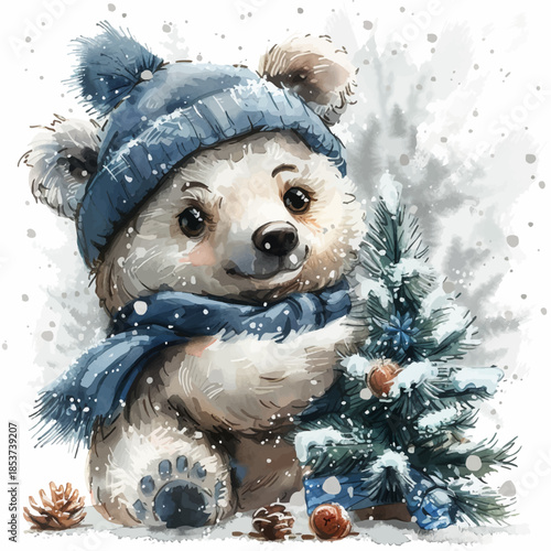 Cute Watercolor Polar Bear Cub Wearing a Scarf and Hat, Vector Illustration
