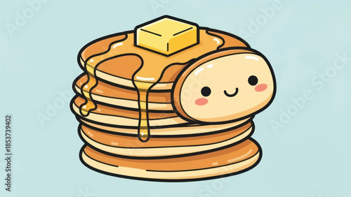 Playful stack of fluffy pancakes with butter and smiling face illustration.